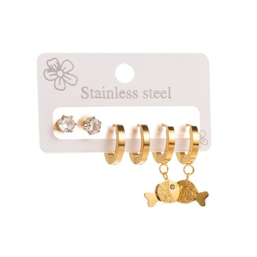 Cute Fish, Zircon and Circle 3 Pairs Studs Earrings Set - StylinArts
