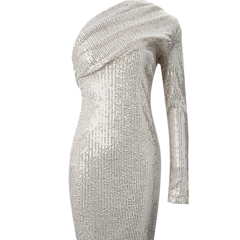 Silver One Shoulder Sequin Formal Dress - StylinArts