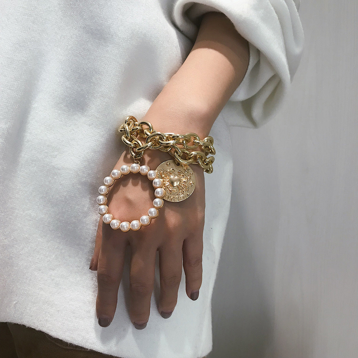 Regal Grace: Pearl & Coin Charm Statement Bracelets-Fashion Bracelets & Bangles-StylinArts