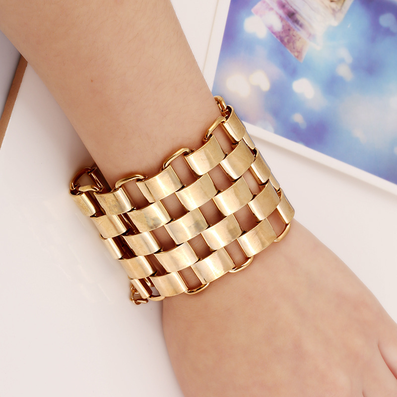 Golden Hollow Block Bold Bracelet-Fashion Bracelets & Bangles-StylinArts