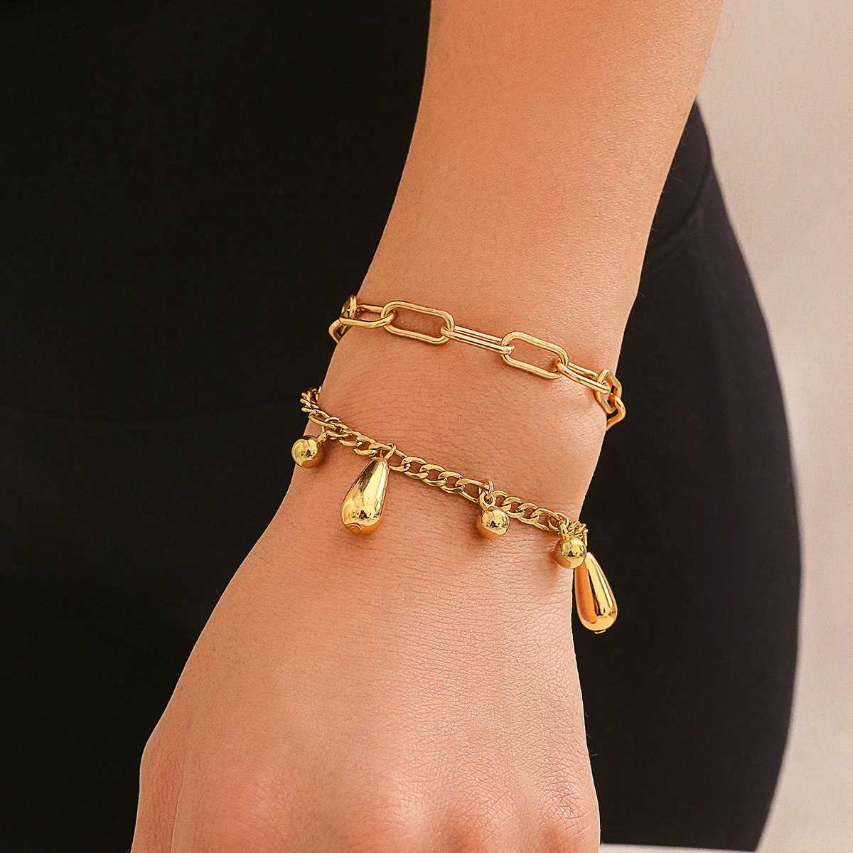 Golden Cascade: Dual-Layer Water Drop Pendant Bracelet-Fashion Bracelets & Bangles-StylinArts