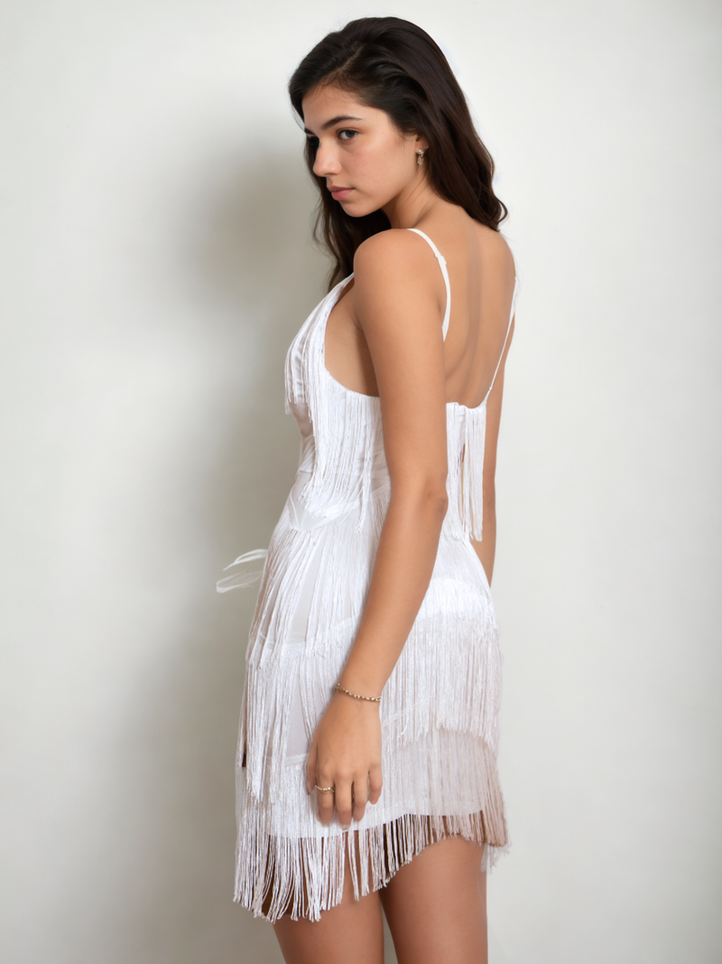 Vibrant V-Neck Sleeveless Dress with Tassel Embellishments - StylinArts