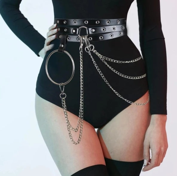 Eclipse Chain Waist Harness – Unisex Circle Detail Leather Statement Belt