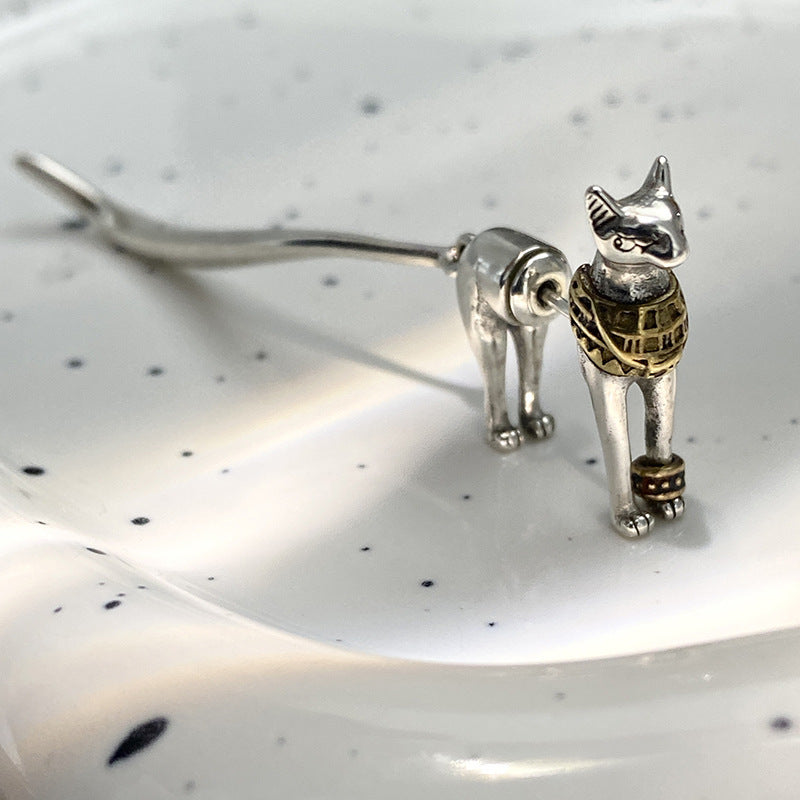 Feline Grace: Silver Cat-Inspired Drop Earrings-Fashion Earrings-StylinArts