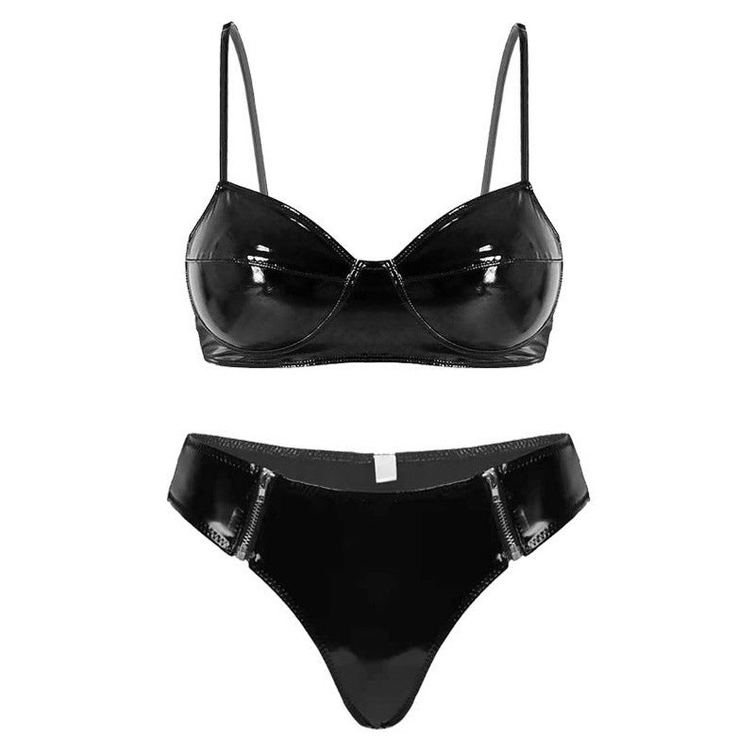 Bold Black Vinyl Lingerie Set - StylinArts-Bras and Briefs-StylinArts