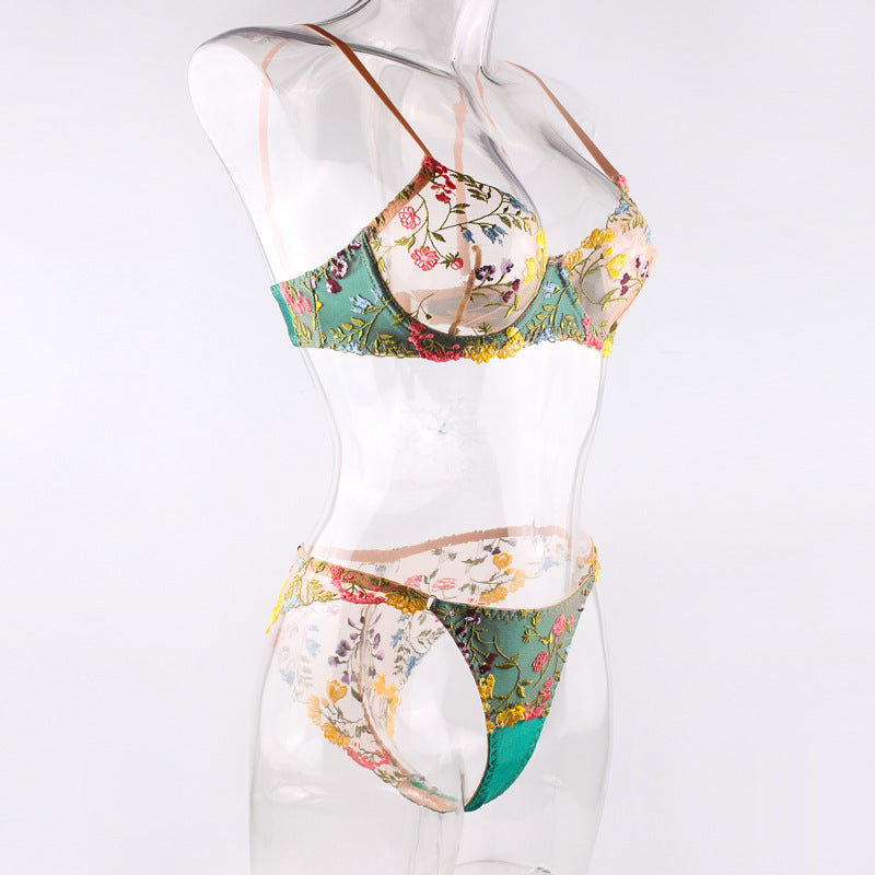 Vibrant Floral Embroidered Mesh Lingerie Set - StylinArts-Bras and Briefs-StylinArts