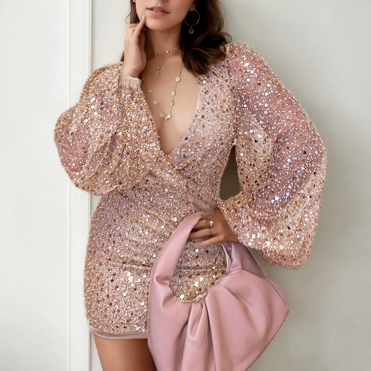Glimmering Accent: Long Sleeve V-Neck Sequin Hip Skirt Dress - StylinArts