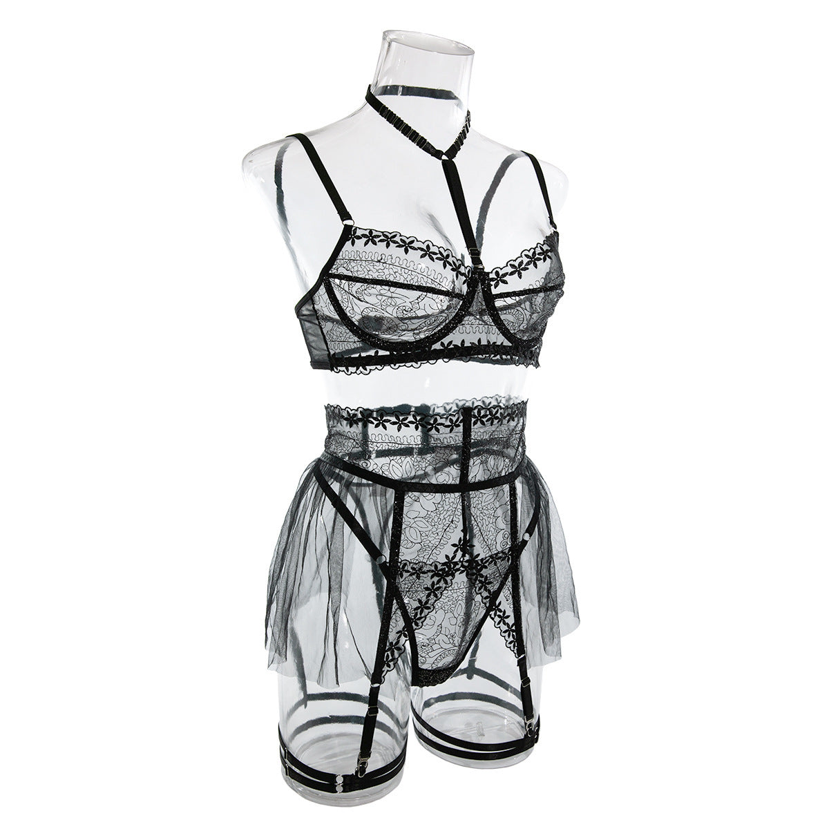 Midnight Temptress - Sheer Lace Harness Lingerie Set with Garter