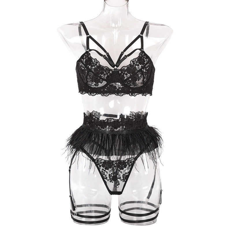 Fleur de Plume Feather-Embellished Lace Lingerie Set