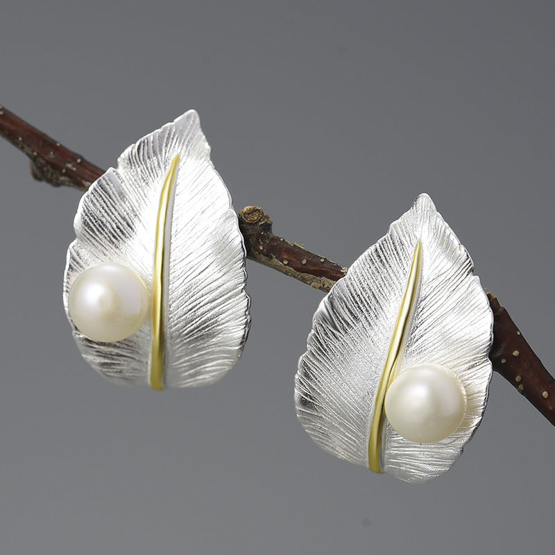 Whispering Elegance Sterling Silver Pearl Leaf Earrings - Feminine Luxury