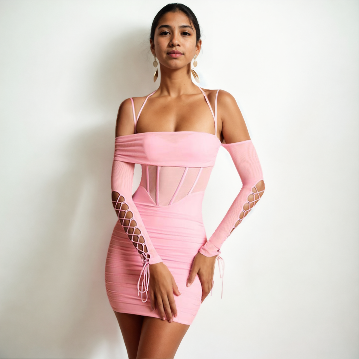 Sculpted Spring: Mesh Bandage Dress with Pleated Waist for a Flattering Silhouette-Bodycon Dress-StylinArts