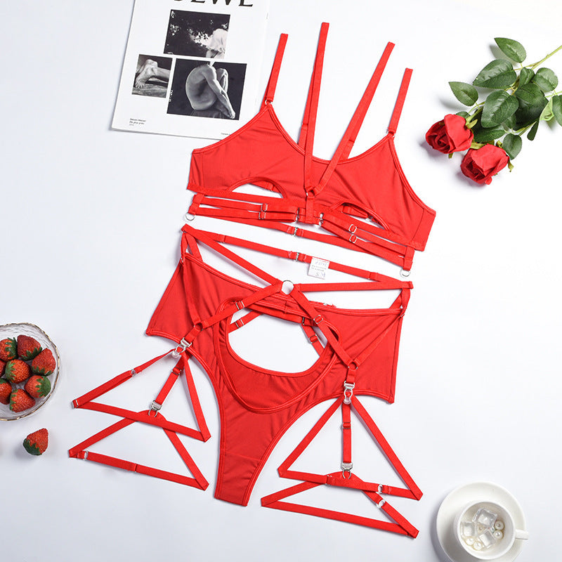 Red Inferno: Strappy Cut-Out Harness Lingerie Set