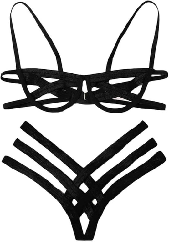 Selene Mesh Cutout Set-Black-L-Bras and Briefs-StylinArts