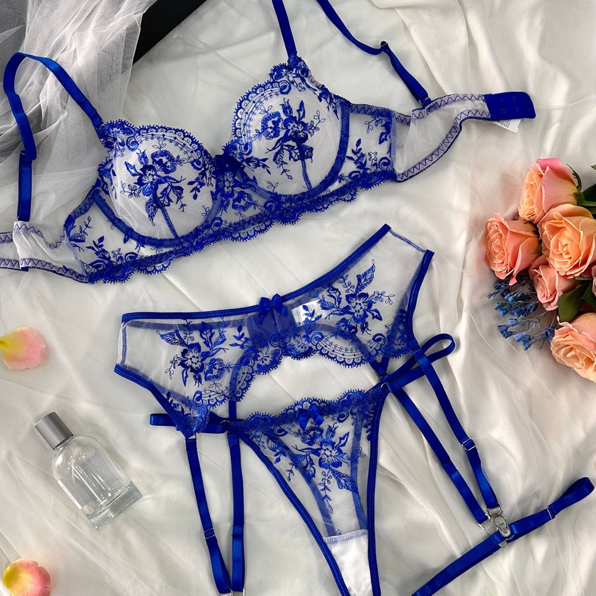 Empress Enchantment – Royal Blue and Black Lace Bra Set with Garter Belt