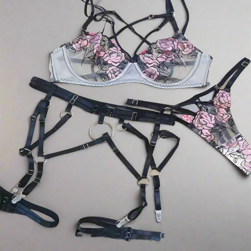 Seductive Pink Lace Lingerie Set with Strappy Details - StylinArts-Basques-StylinArts