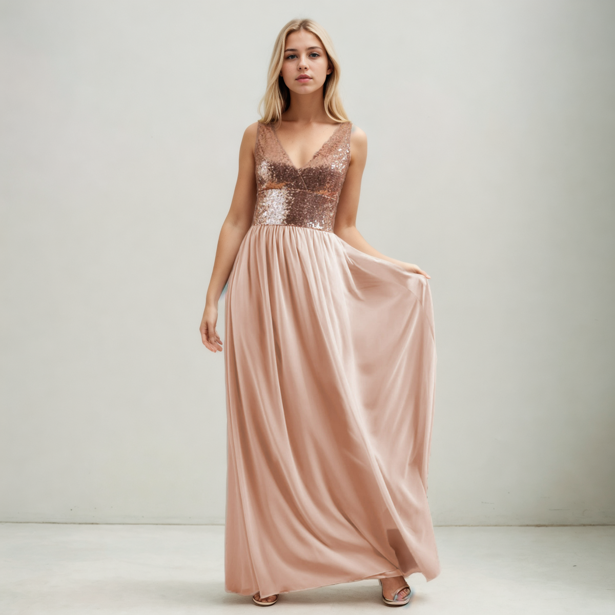 Sultry Elegance: Sleeveless V-Neck Bridesmaid Dress - StylinArts