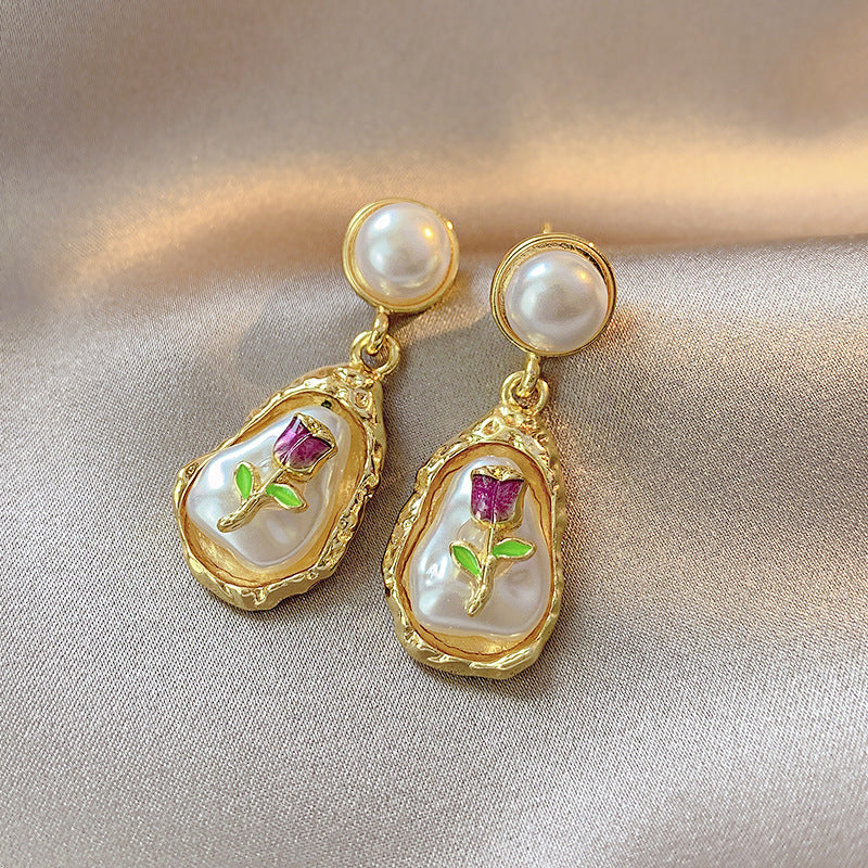 Eternal Blossom: Handcrafted Pearl & Gold Rose Earrings-Fashion Earrings-StylinArts