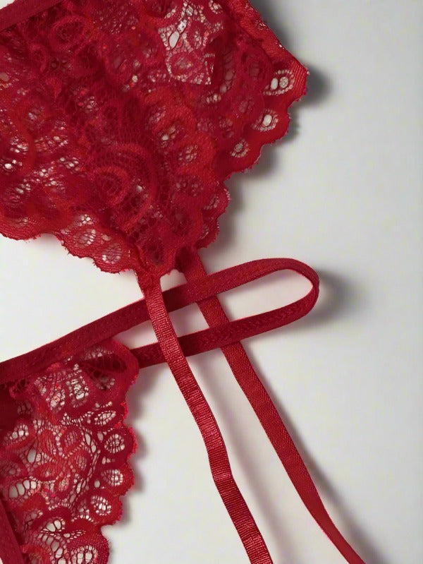 Passionate Red Lace Three-Piece Lingerie Set - StylinArts-Basques-StylinArts