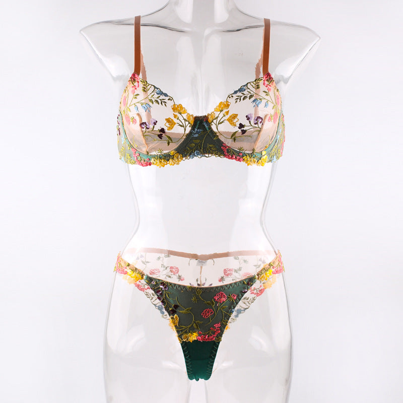 Vibrant Floral Embroidered Mesh Lingerie Set - StylinArts-Bras and Briefs-StylinArts