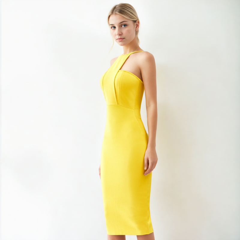 Women Yellow Bodycon Bandage Dress Sexy Halter Party Dresses - StylinArts