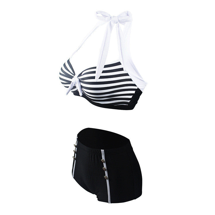 Striped Elegance High-Waist Bikini-Boy Short-StylinArts