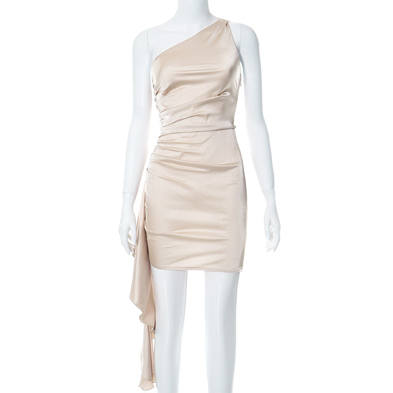 Seasonal Chic: Autumn Winter Oblique Shoulder Sleeveless Slim Dress-One Shoulder-StylinArts