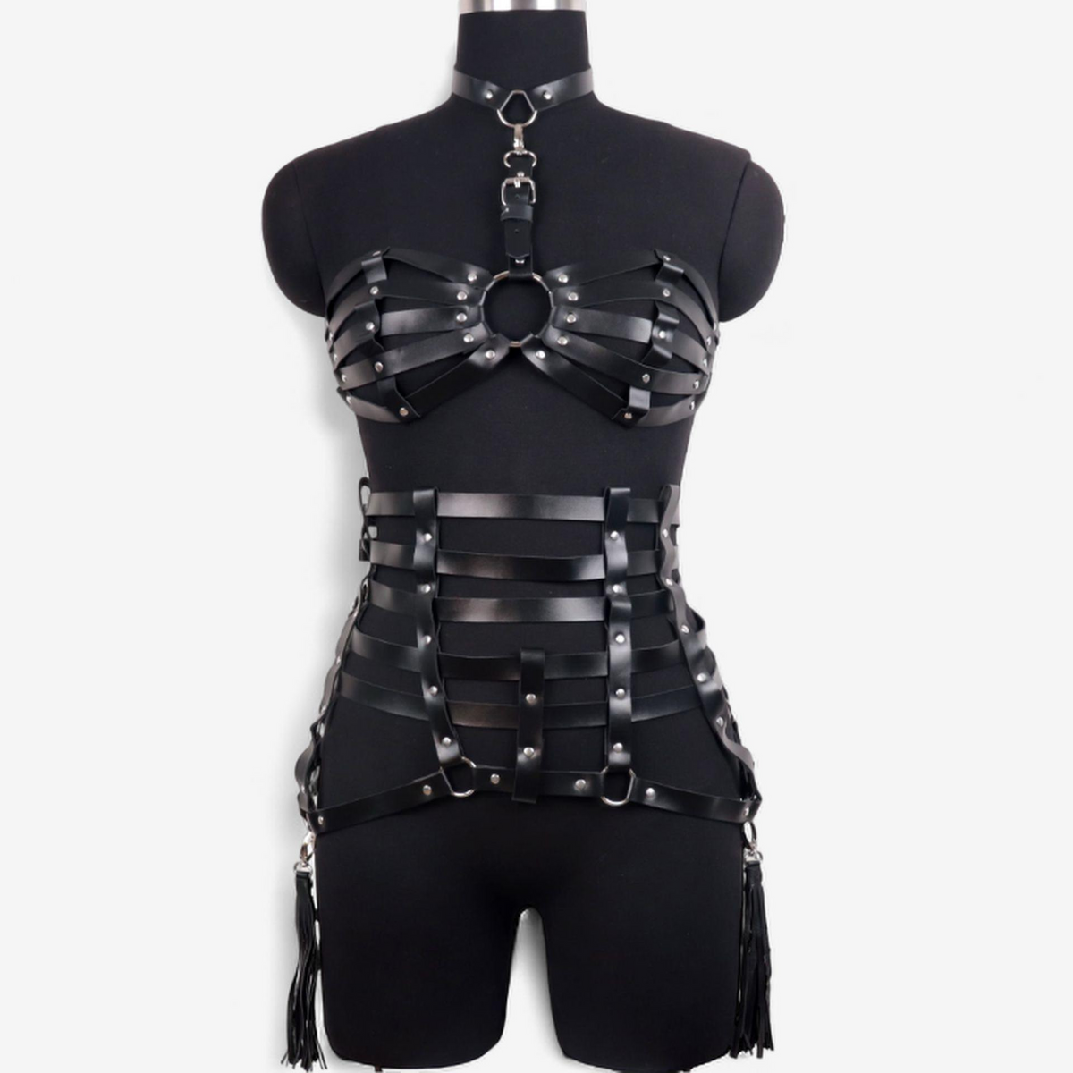 Dominion Luxe Leather Harness Lingerie Set-Suspender Belts-StylinArts