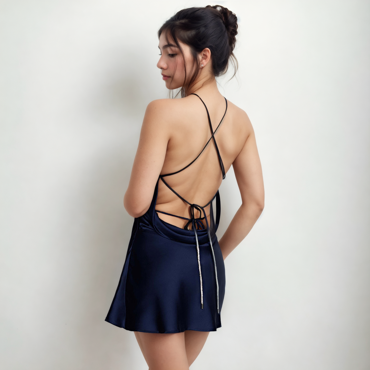Lustrous Summer: Rhinestone Halter Dress with Sexy Backless Lace-Up Detail - StylinArts