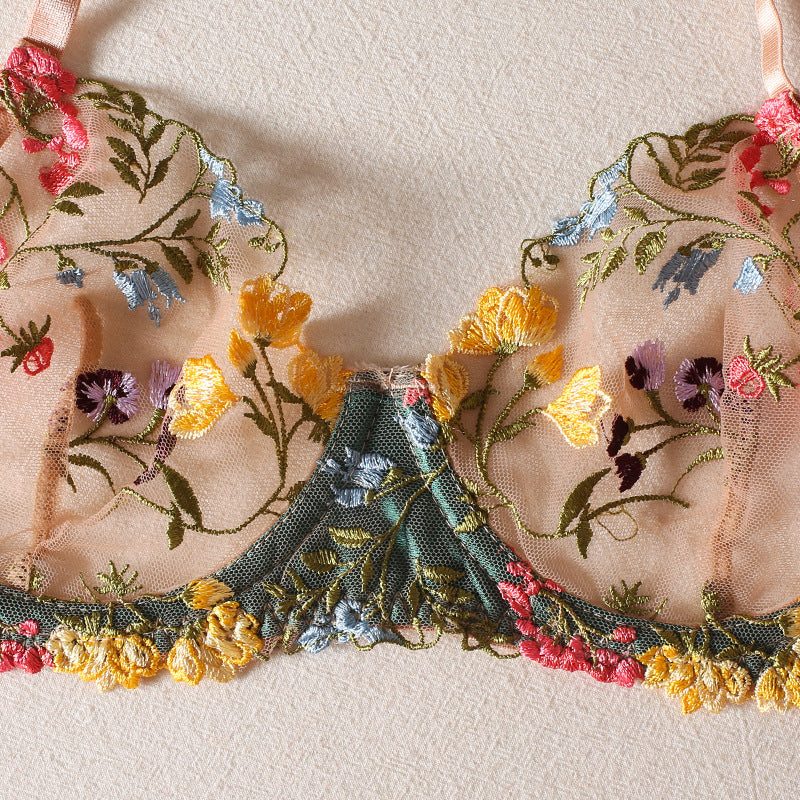 Vibrant Floral Embroidered Mesh Lingerie Set - StylinArts-Bras and Briefs-StylinArts