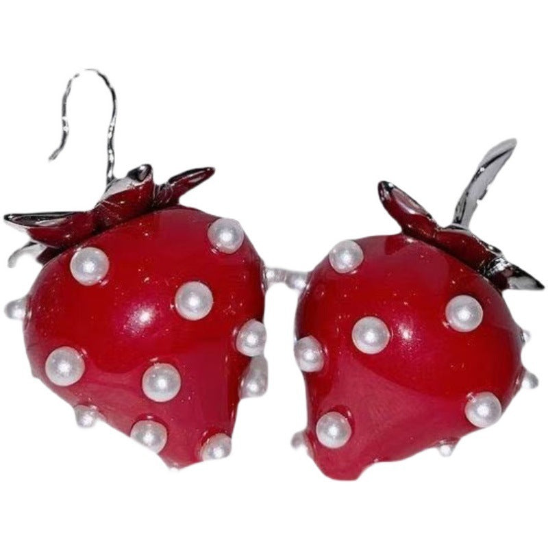 Whimsical Strawberry Drop Earrings – Playful Pearl-Adorned Fruit Design-Fashion Earrings-StylinArts