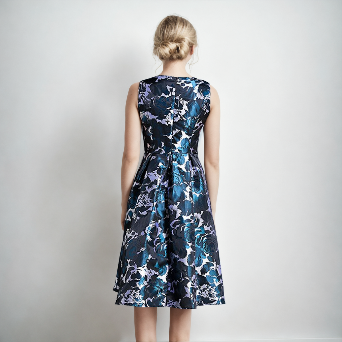 Regal Bloom: Blue Floral Jacquard Sleeveless Dress-A Line Dress-StylinArts