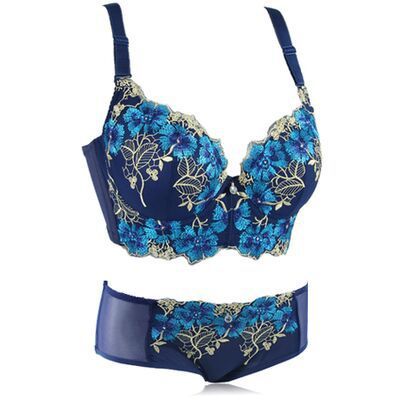 Elegant Blue Floral Embroidery Bra and Panty Set - StylinArts-Bras and Briefs-StylinArts