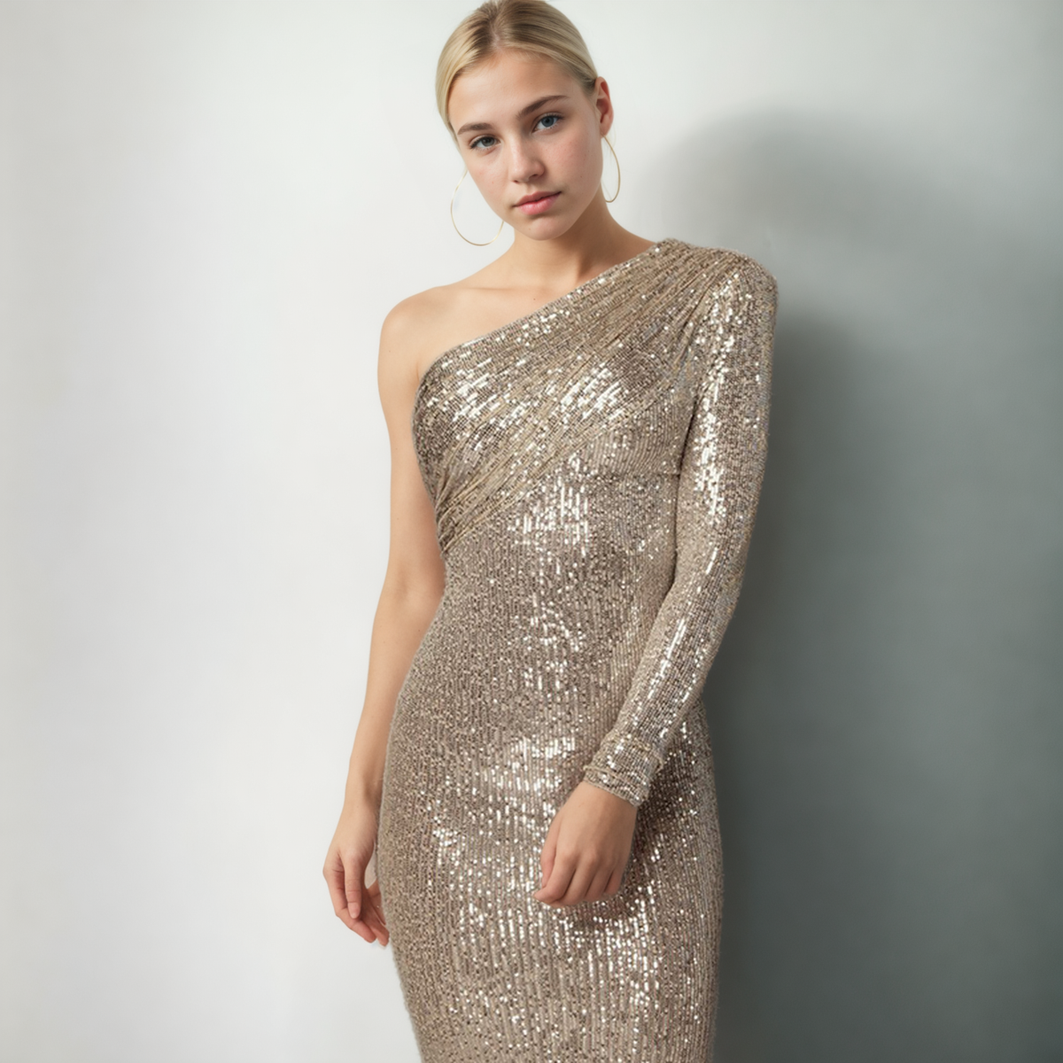 Glimmering Nightfall: One-Shoulder Sequined Evening Dress - StylinArts
