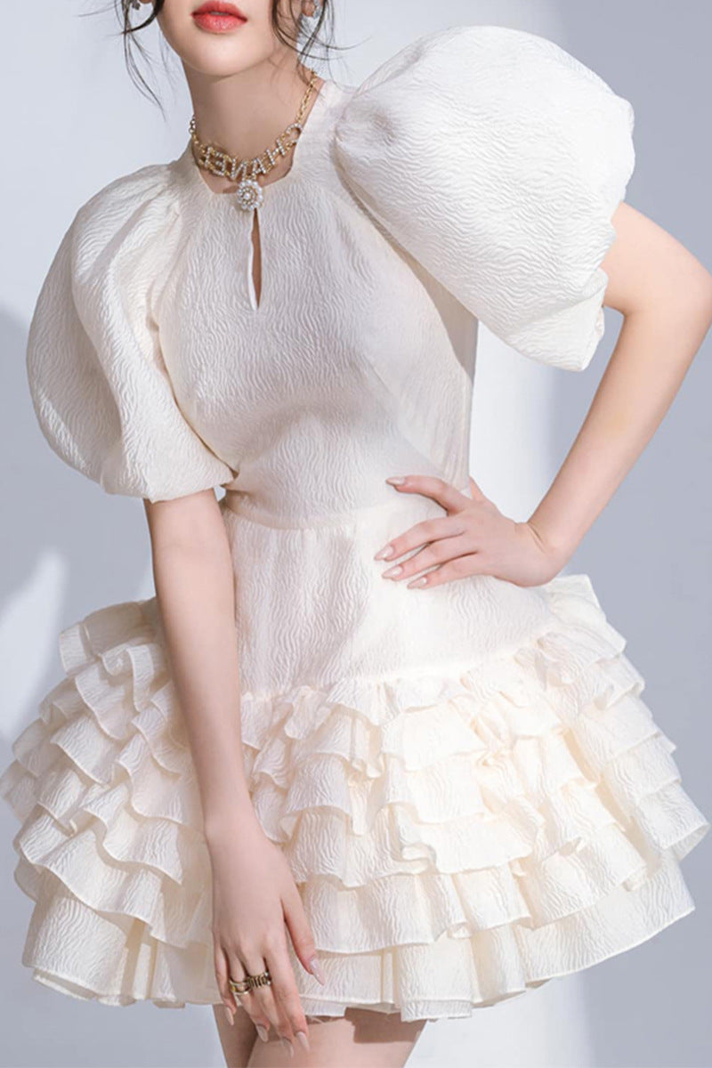 Chic Whirl: Puff Sleeve Jacquard Ruffled A-line Dress-A Line Dress-StylinArts