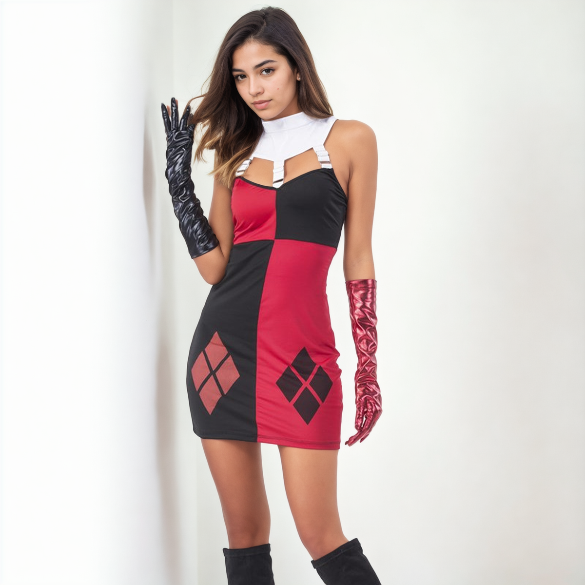 Playful Harlequin Cosplay Costume - Red and Black Jester Outfit-Intimate Roleplay Outfits-StylinArts