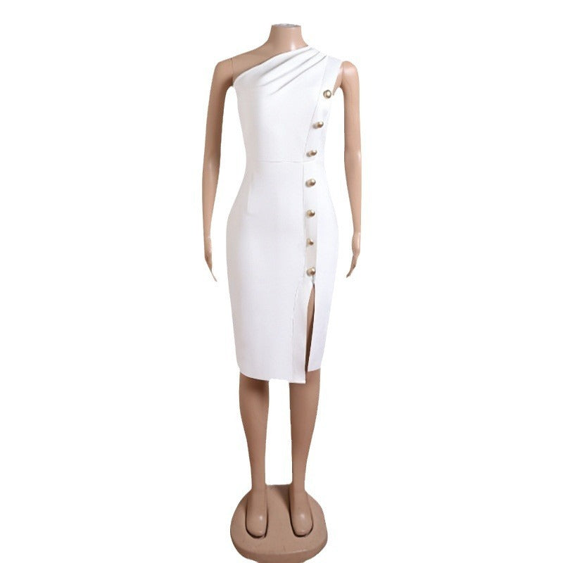 Elegant Asymmetry: Oblique Shoulder Button Bandage Dress - StylinArts