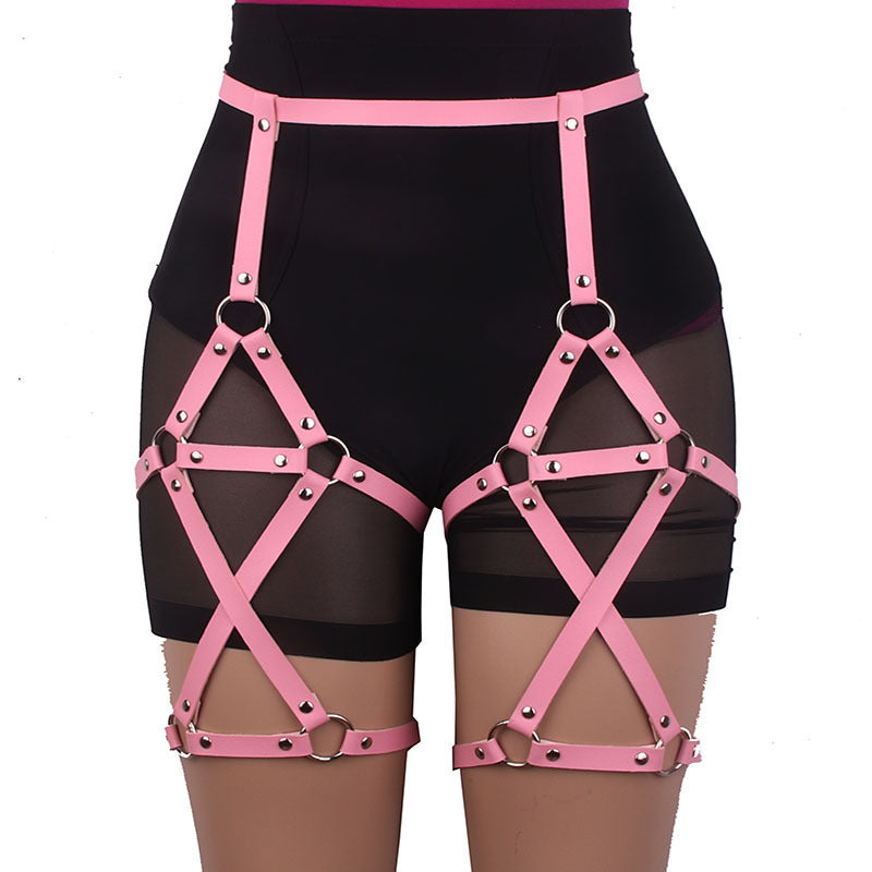 Double-Row Cross Adjustable Leather Leg Ring Belt with Suspender-Suspender Belts-StylinArts