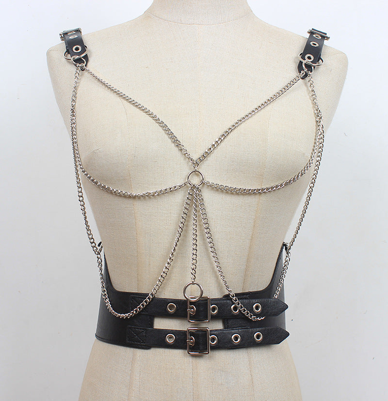 Chainlink Leather Harness Bra-Suspender Belts-StylinArts