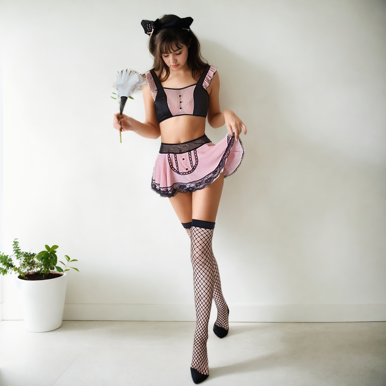 Whimsical Pink Enchantment Maid Cosplay Set - Sheer Net Yarn Uniform