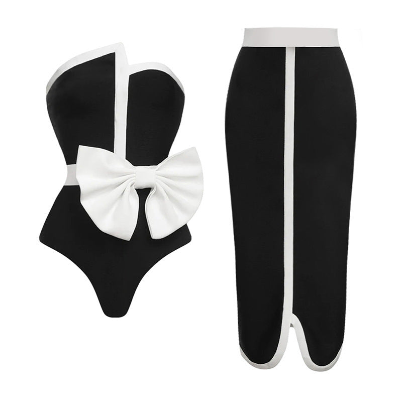 Monochrome Glam Bow One-Piece Swimsuit-One Piece-StylinArts