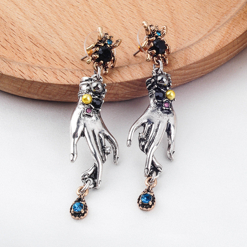 Mystic Touch: Hand and Gemstone Drop Earrings-Fashion Earrings-StylinArts