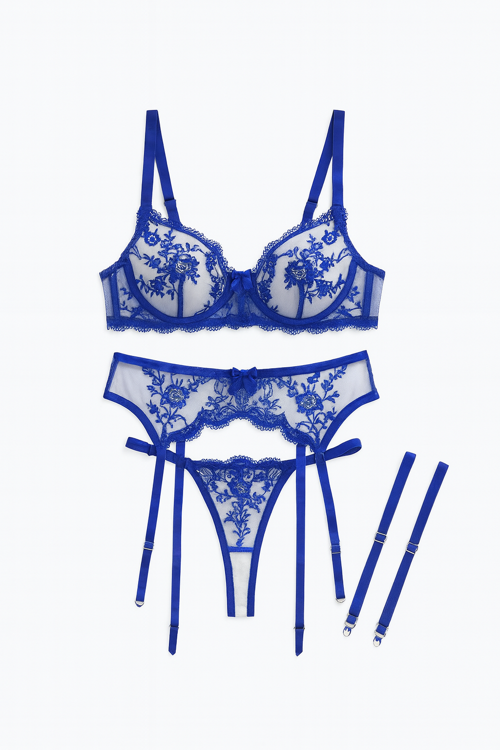 Nocturne Fleur Embroidered Garter Set-Blue-L-Basques-StylinArts