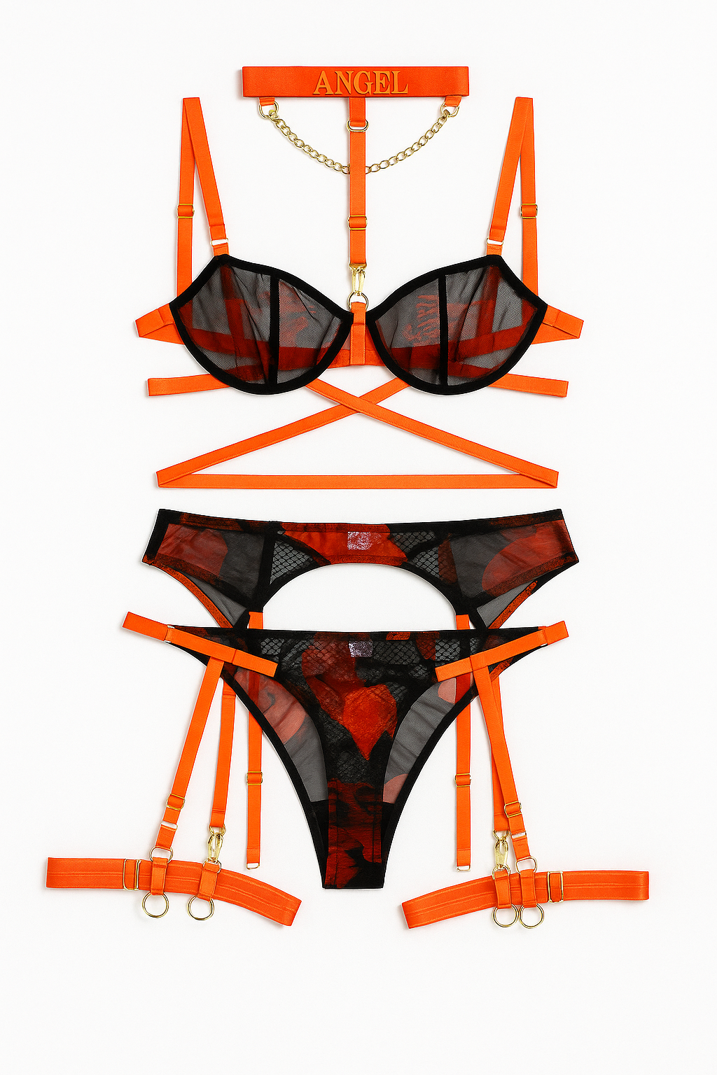 Zeraya Mesh-Panel Strappy Lingerie Set-Orange-L-Basques-StylinArts