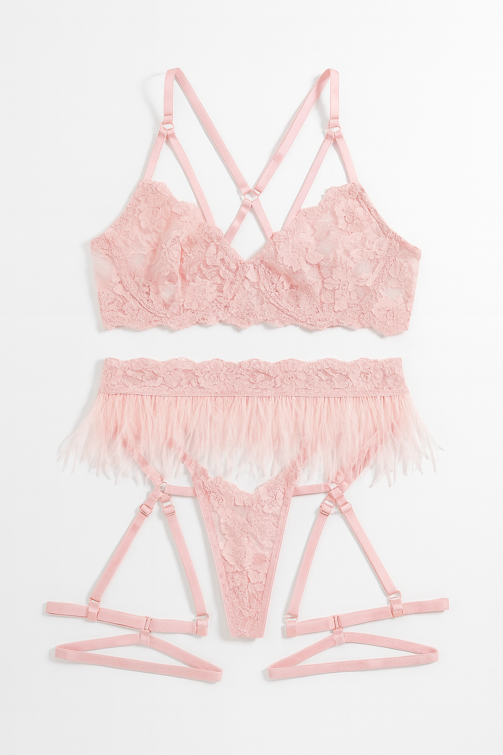 Fiorivelle Featherlace Garter Set-Pink-L-Basques-StylinArts