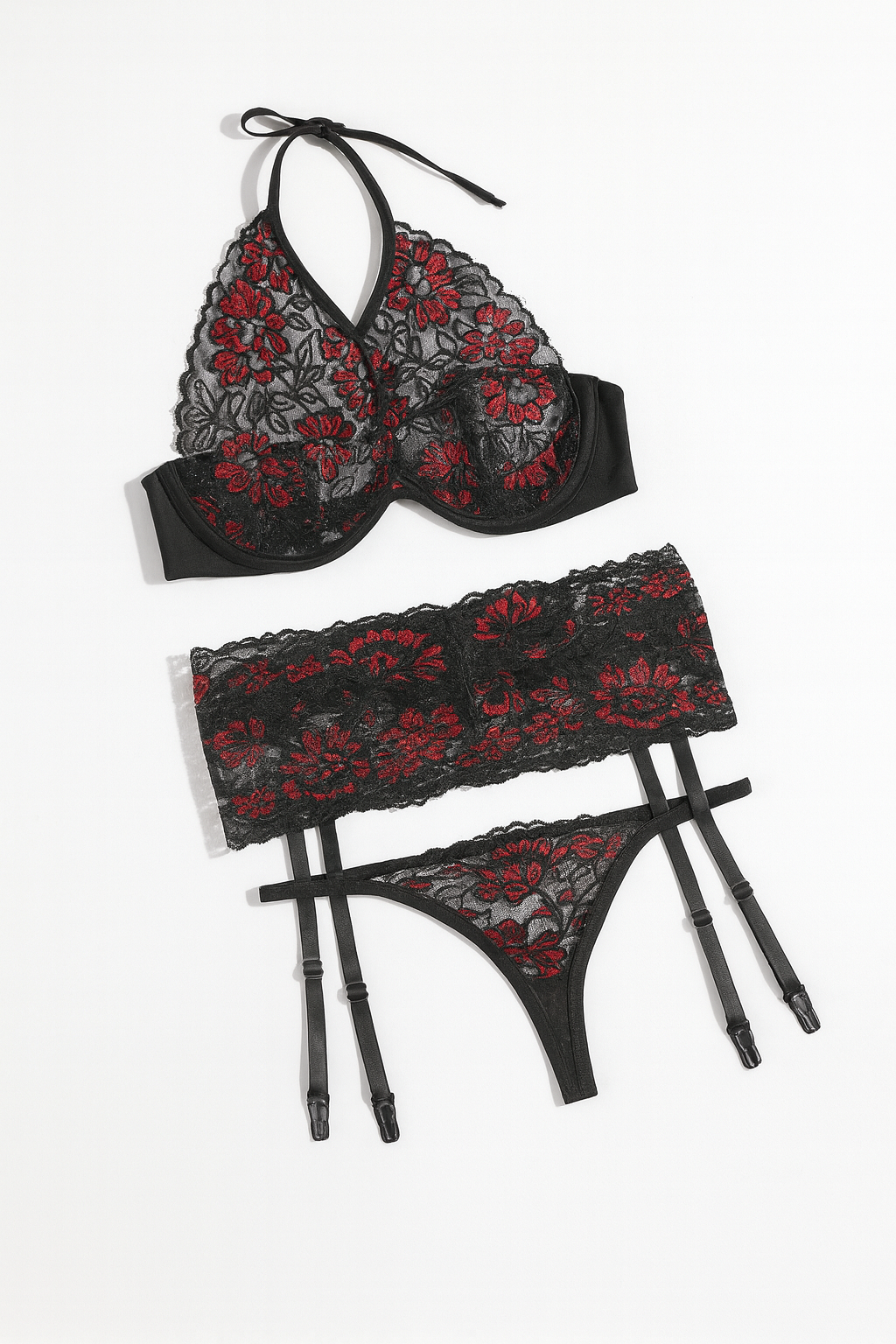 Scarlettveil Halter Lace Garter Set-Black-L-Basques-StylinArts