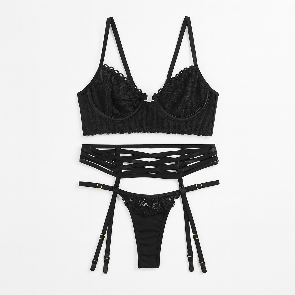 Midnight Siren Lace Chain Ensemble-Black-L-Basques-StylinArts