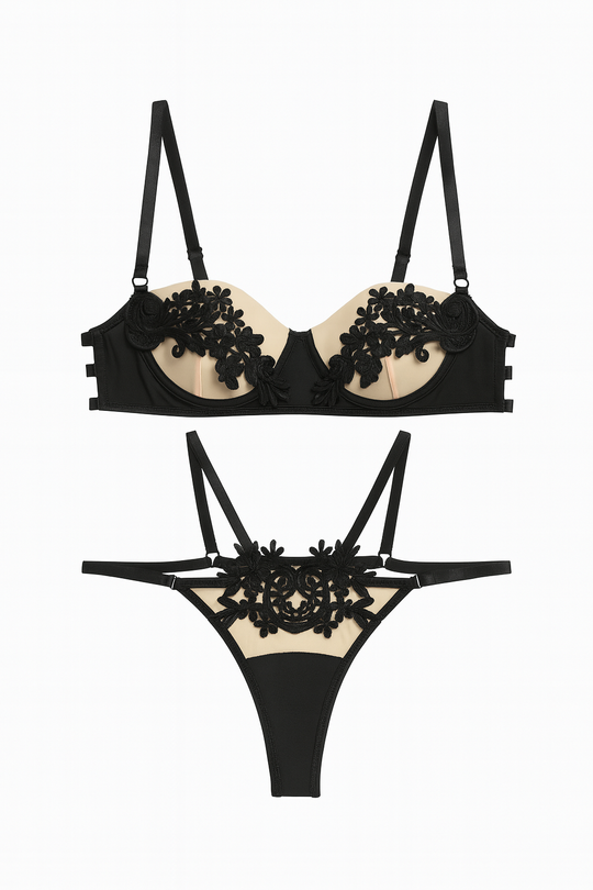 Seraphina Appliqué Lace Set-Black-L-Bras and Briefs-StylinArts