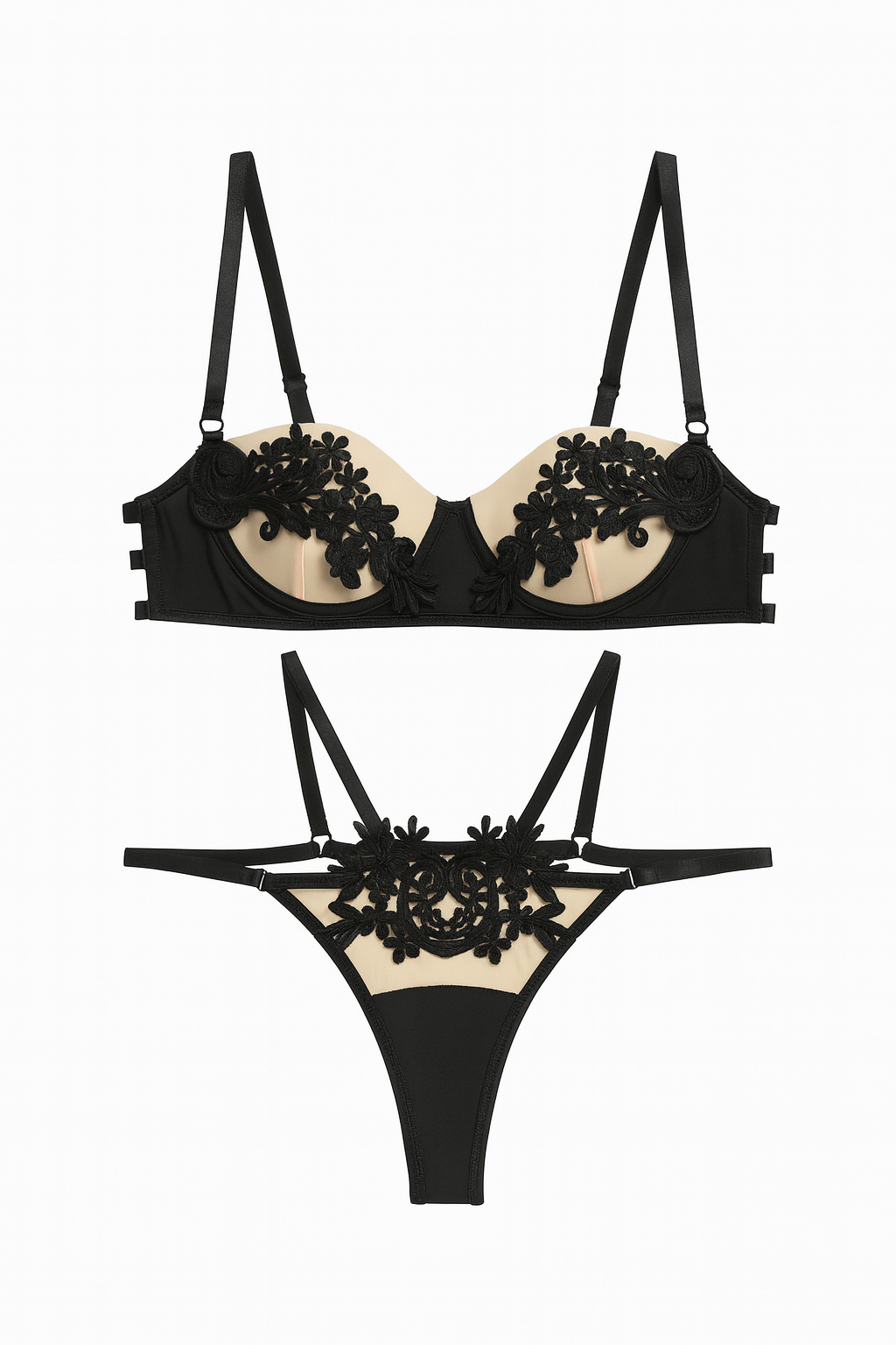 Seraphina Appliqué Lace Set-Black-L-Bras and Briefs-StylinArts