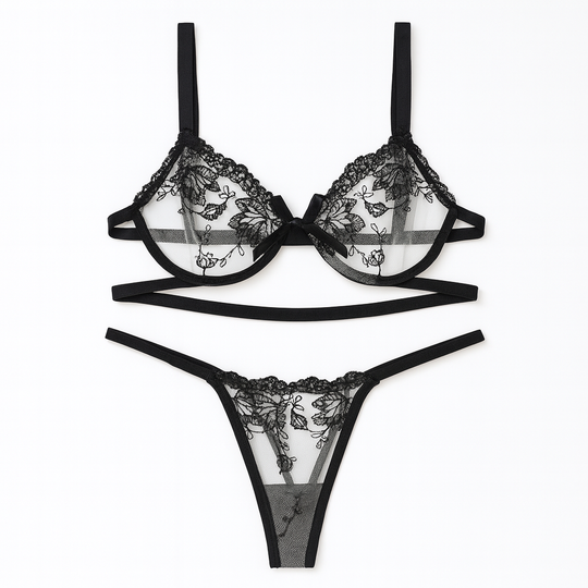 Isolde Embroidered Mesh Bra Set-Black-L-Bras and Briefs-StylinArts
