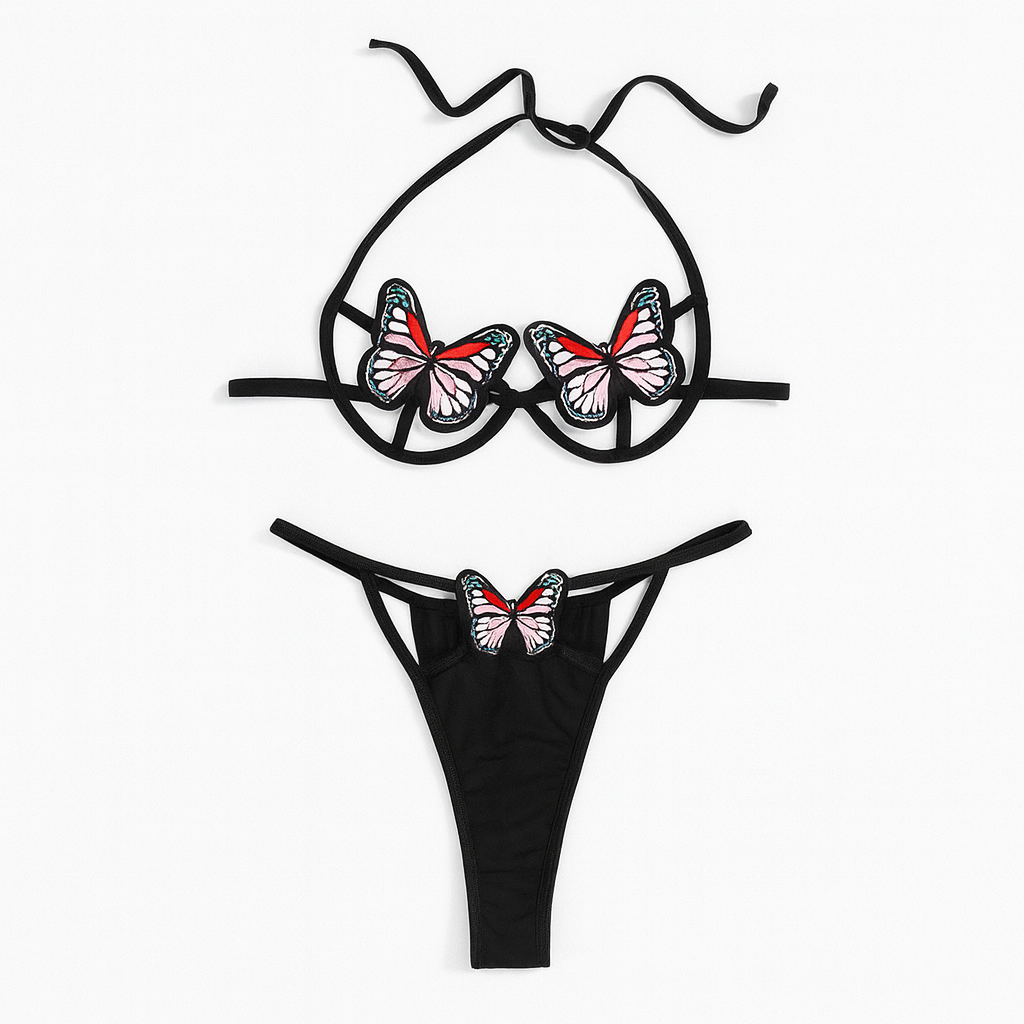 Mariposa Embroidered Mesh Lingerie Set-Black-L-Bras and Briefs-StylinArts